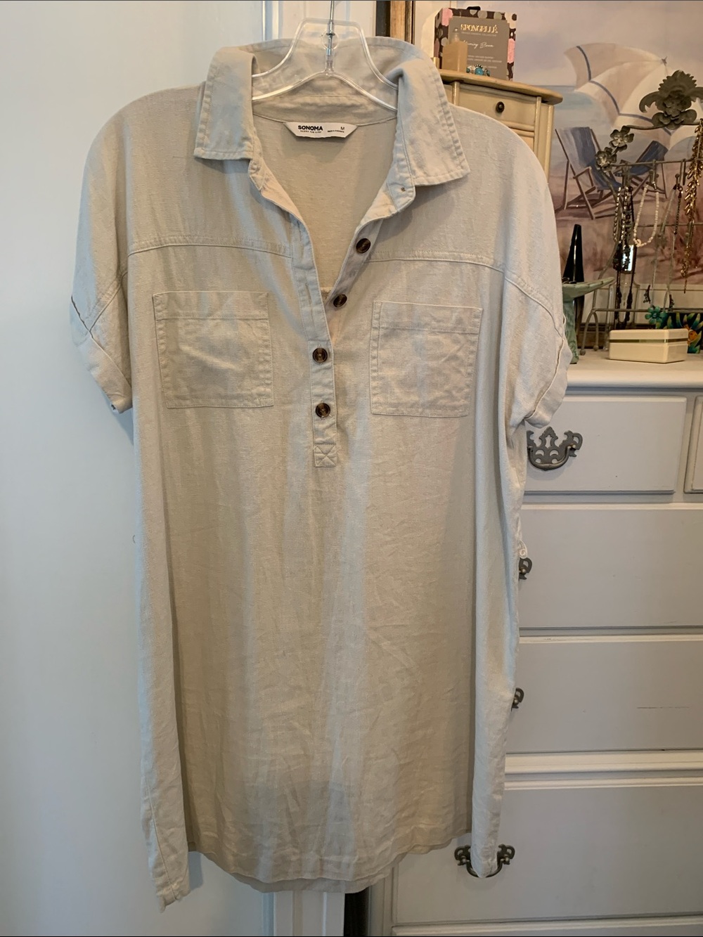 Soft Beige 55% Linen Blend Loose Fit Shift. 23” PTP X 33”Long . Short Sleeved